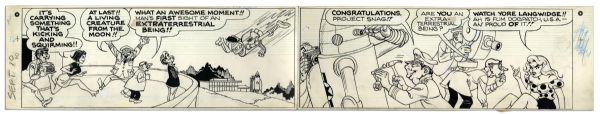 ''Li'l Abner'' Sunday Strip Hand-Drawn & Signed by Al Capp From 10 September 1967 -- Space Program Parody Storyline Featuring Li'l Abner, Honest Abe & Daisy Mae -- 29'' x 15.5'' -- Very Good