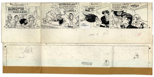 ''Li'l Abner'' Partial Sunday Strip Hand-Drawn & Signed by Al Capp From 8 January 1967 -- Featuring Li'l Abner, Daisy Mae & Shtoonks -- 29'' x 8'' -- White Out, Notations & Smudging, Near Fine