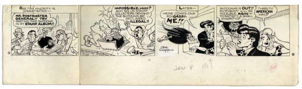 ''Li'l Abner'' Partial Sunday Strip Hand-Drawn & Signed by Al Capp From 8 January 1967 -- Featuring Li'l Abner, Daisy Mae & Shtoonks -- 29'' x 8'' -- White Out, Notations & Smudging, Near Fine