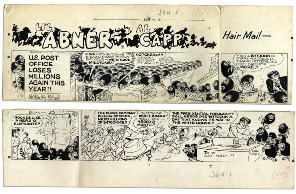 ''Li'l Abner'' Partial Sunday Strip Hand-Drawn & Signed by Al Capp From 1 January 1967 -- Featuring Li'l Abner & Shtoonks -- 29'' x 17.5'' -- Two of Three Rows -- Notations & Smudging, Very Good