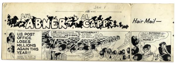 ''Li'l Abner'' Partial Sunday Strip Hand-Drawn & Signed by Al Capp From 1 January 1967 -- Featuring Li'l Abner & Shtoonks -- 29'' x 17.5'' -- Two of Three Rows -- Notations & Smudging, Very Good