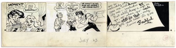 ''Li'l Abner'' Sunday Strip Hand-Drawn & Signed by Al Capp From 23 July 1967 -- Featuring Li'l Abner, Daisy Mae & Bashful Yokum -- 29'' x 23'' On Three Separated Strips -- Near Fine