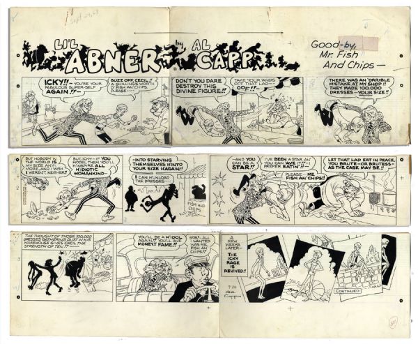 ''Li'l Abner'' Sunday Strip Hand-Drawn & Signed by Al Capp From 24 September 1967 -- Featuring a Twiggy Parody -- 29'' x 22.5'' On Three Separated Strips -- Notations & Smudging, Very Good