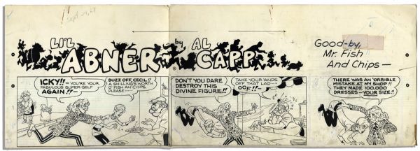 ''Li'l Abner'' Sunday Strip Hand-Drawn & Signed by Al Capp From 24 September 1967 -- Featuring a Twiggy Parody -- 29'' x 22.5'' On Three Separated Strips -- Notations & Smudging, Very Good