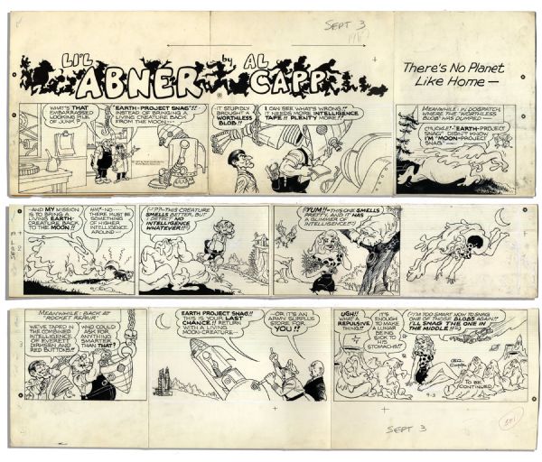 ''Li'l Abner'' Sunday Strip Hand-Drawn & Signed by Al Capp From 3 September 1967 -- Starring Daisy Mae in a Space Program Parody -- 29'' x 22.5'' -- Notations & Smudging, Very Good