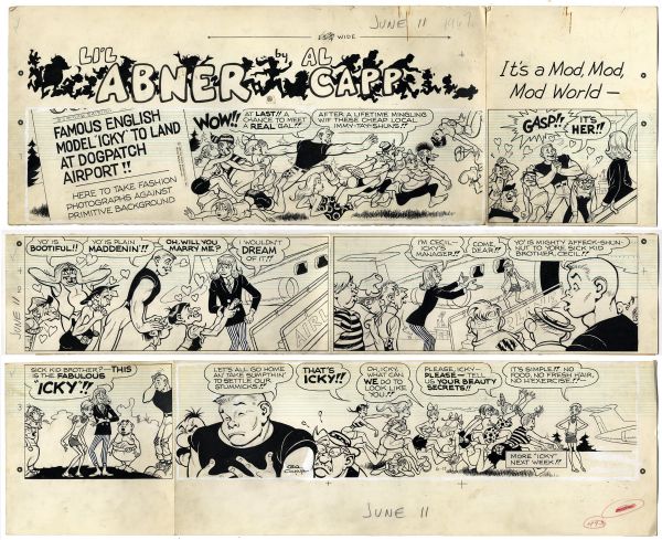 ''Li'l Abner'' Sunday Strip Hand-Drawn by Al Capp From 11 June 1967 -- Featuring a Parody of Twiggy -- 29'' x 23'' On Three Separated Strips -- Toning, White Out, Notations, Near Fine