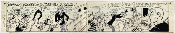 ''Li'l Abner'' Sunday Strip Hand-Drawn by Al Capp From 11 June 1967 -- Featuring a Parody of Twiggy -- 29'' x 23'' On Three Separated Strips -- Toning, White Out, Notations, Near Fine