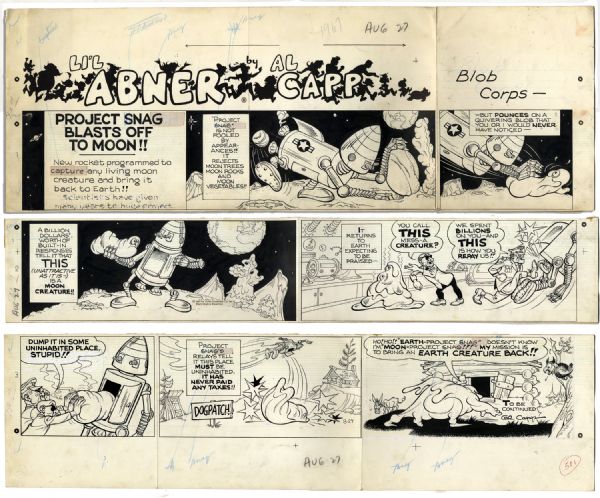 ''Li'l Abner'' Sunday Strip Hand-Drawn by Al Capp From 27 August 1967 -- Featuring A Space Program Parody -- 29'' x 22.5'' On Three Separated Strips -- Notations & Smudging, Very Good