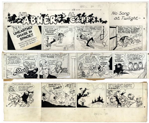 ''Li'l Abner'' Sunday Strip Hand-Drawn & Signed by Al Capp From 30 April 1967 -- Evil Eye Fleagle & Capp's Trademark Expression, ''Whammy'' -- Pencil Sketch on Verso -- 29'' x 28'' -- Very Good