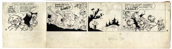 ''Li'l Abner'' Sunday Strip Hand-Drawn & Signed by Al Capp From 30 April 1967 -- Evil Eye Fleagle & Capp's Trademark Expression, ''Whammy'' -- Pencil Sketch on Verso -- 29'' x 28'' -- Very Good
