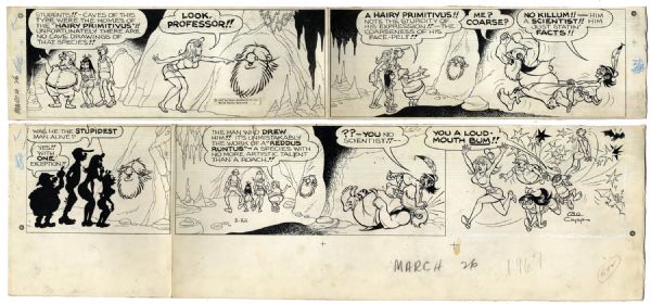 ''Li'l Abner'' Sunday Strip Hand-Drawn & Signed by Al Capp From 26 March 1967 -- Hairless Joe & Lonesome Polecat -- in Two Segments, Larger 29'' x 8'' -- Toning, White Out & Creasing, Very Good