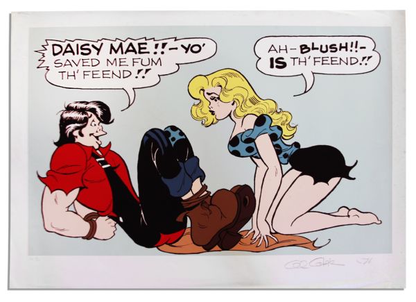 Giant ''Li'l Abner'' Poster -- Abner Tells Daisy Mae She Saved Him From ''Th' Feend'' -- Labeled ''EA 16/30'' & Signed ''Al Capp '76'' in Pencil -- Measures 44'' x 31.5'' -- Near Fine