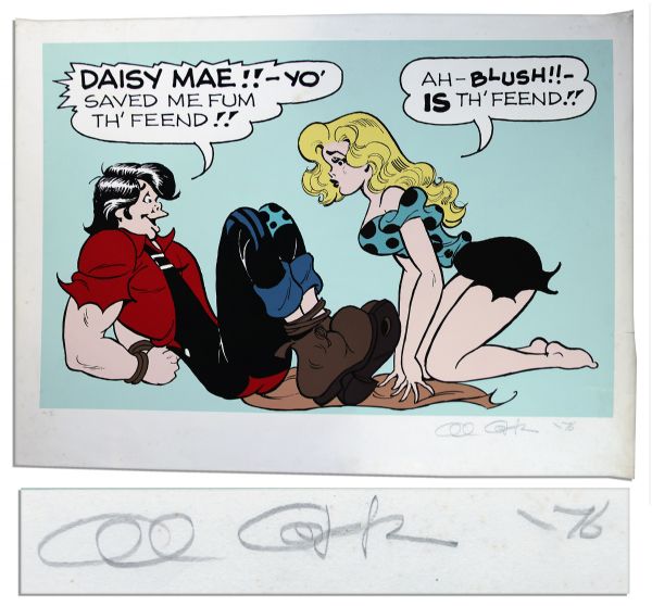 Giant ''Li'l Abner'' Poster -- Abner Tells Daisy Mae She Saved Him From ''Th' Feend'' -- Labeled ''EA 10/30'' & Signed ''Al Capp '76'' in Pencil -- Measures 44'' x 31.5'' -- Foxing & Tears to Border