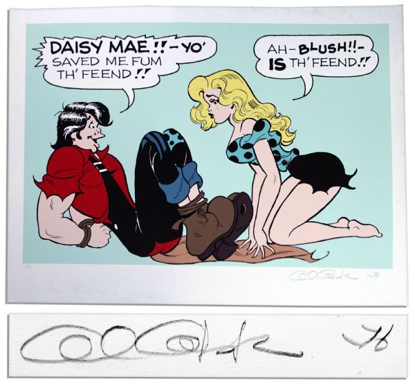 Giant ''Li'l Abner'' Poster -- Abner Tells Daisy Mae She Saved Him From ''Th' Feend'' -- Labeled ''EA 7/30'' & Signed ''Al Capp '76'' in Pencil -- Measures 44'' x 31.5'' -- Foxing to Border, Near Fine