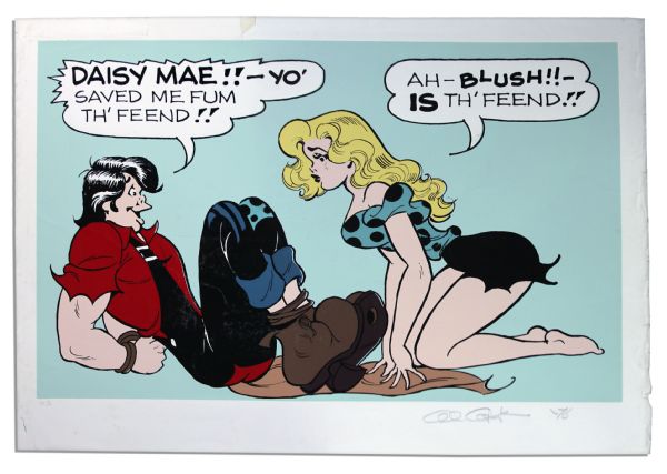 Giant ''Li'l Abner'' Poster -- Abner Tells Daisy Mae She Saved Him From ''Th' Feend'' -- Labeled ''EA 11/30'' & Signed ''Al Capp '76'' in Pencil -- Measures 44'' x 31.5'' -- Foxing to Border & Tears