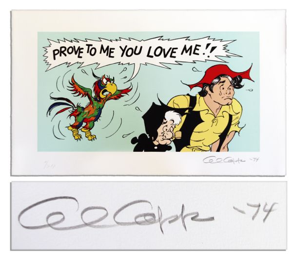 'Li'l Abner'' Artist Proof Poster of Li'l Abner & Mammy With a Parrot Saying ''Prove...you love me!!'' -- Signed ''Al Capp '74'' in Pencil -- Numbered ''16/30 AP'' -- 36.5'' x 22.5'' -- Near Fine