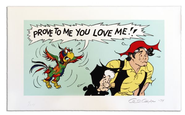 'Li'l Abner'' Artist Proof Poster of Li'l Abner & Mammy With a Parrot Saying ''Prove...you love me!!'' -- Signed ''Al Capp '74'' in Pencil -- Numbered ''16/30 AP'' -- 36.5'' x 22.5'' -- Near Fine