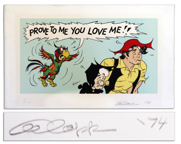 'Li'l Abner'' Poster Featuring Li'l Abner & Mammy With a Parrot Saying ''Prove...you love me!!'' -- Signed ''Al Capp '74'' in Pencil & Numbered ''20/30 AP'' -- Measures 36.5'' x 22.5'' -- Near Fine