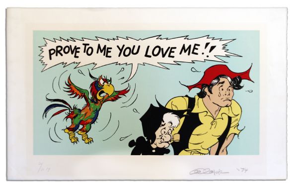 'Li'l Abner'' Poster Featuring Li'l Abner & Mammy With a Parrot Saying ''Prove...you love me!!'' -- Signed ''Al Capp '74'' in Pencil & Numbered ''20/30 AP'' -- Measures 36.5'' x 22.5'' -- Near Fine