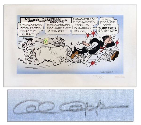 ''Li'l Abner'' Poster Signed ''Al Capp'' in Pencil, Labeled ''trial proof'' & Signed Again ''Al'' -- Fearless Fosdick Runs From a Pack of Dogs -- 36'' x 22.5'' on Fabric -- Near Fine