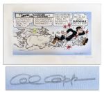 Lil Abner Poster Signed Al Capp in Pencil, Labeled trial proof & Signed Again Al -- Fearless Fosdick Runs From a Pack of Dogs -- 36 x 22.5 on Fabric -- Near Fine