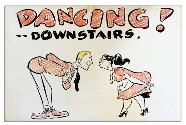 Hand Drawn ''Li'l Abner'' Poster Depicting a Couple Posing Under The Headline -- ''Dancing! -- Downstairs.'' -- Measures 30'' x 20'' -- Soiling, Very Good