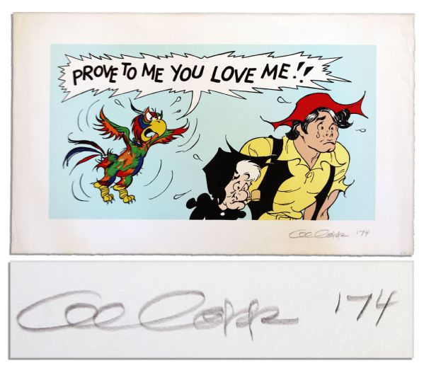 'Li'l Abner'' Poster Featuring Li'l Abner & Mammy With a Parrot Saying ''Prove...you love me!!'' -- Signed ''Al Capp '74'' in Pencil & Numbered ''EA 8/20'' -- Measures 36.5'' x 22.5'' -- Near Fine