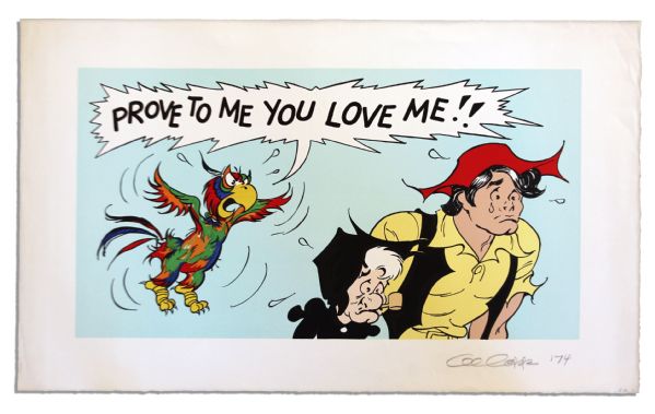 'Li'l Abner'' Poster Featuring Li'l Abner & Mammy With a Parrot Saying ''Prove...you love me!!'' -- Signed ''Al Capp '74'' in Pencil & Numbered ''EA 8/20'' -- Measures 36.5'' x 22.5'' -- Near Fine