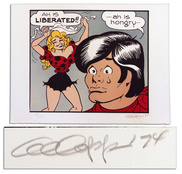 ''Li'l Abner'' Poster -- Daisy Mae Exclaims, ''Ah is liberated!'' & Abner Responds ''Ah is hongry'' -- Artist Proof Numbered 14/30, Signed ''Al Capp '74'' in Pencil -- Measures 29'' x 22''