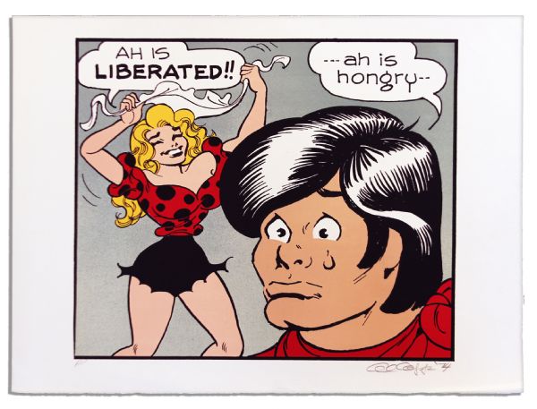 ''Li'l Abner'' Poster -- Daisy Mae Exclaims, ''Ah is liberated!'' & Abner Responds ''Ah is hongry'' -- Artist Proof Labeled ''AP'' & Signed ''Al Capp '74'' in Pencil -- Measures 29'' x 22'' -- Near...