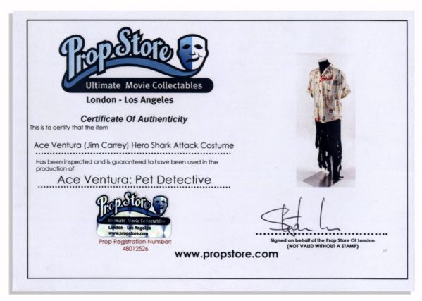 Jim Carrey Iconic Hawaiian Shirt Costume From Beloved 1994 Comedy ''Ace Ventura: Pet Detective'' -- The Shark Attack Scene