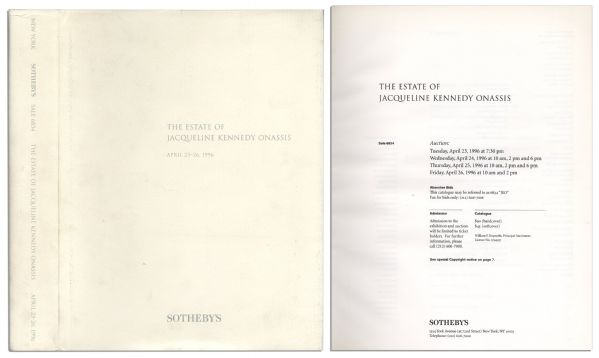 Hardcover Catalog With Dustjacket From The Auction of The Estate of Jacqueline Kennedy Onassis, Held by Sotheby's in 1996