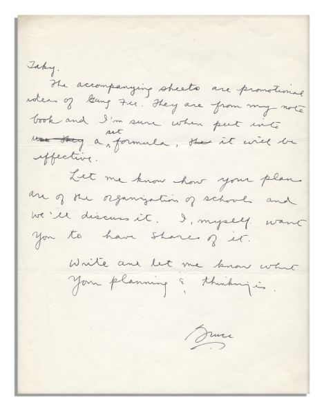 Bruce Lee Autograph Letter Signed to His Protege Regarding His Gung Fu Schools -- ''...promotional ideas of Gung Fu...Let me know how your plans are of the organization of schools...''
