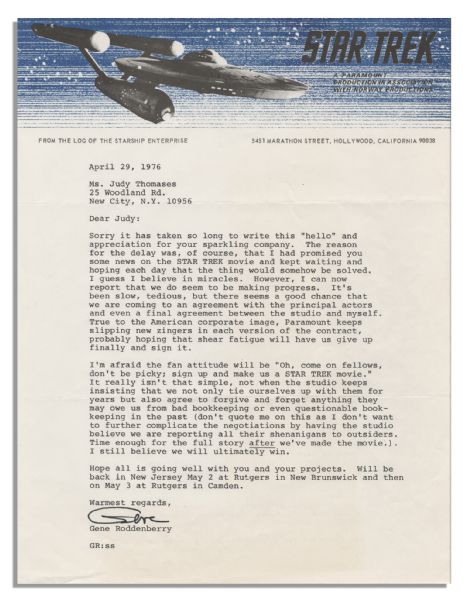 Gene Roddenberry Letter Signed Regarding the Film-Version of Star Trek-- ''...True to the American corporate image, Paramount keeps slipping new zingers in each version of the contract...''