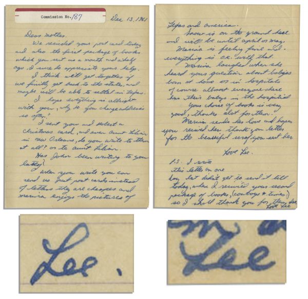 Lee Harvey Oswald Autograph Letter Twice Signed to His Mother From Russia in 1961 -- Used by The Warren Commission & With Warren Exhibit #187 Tag Still Affixed