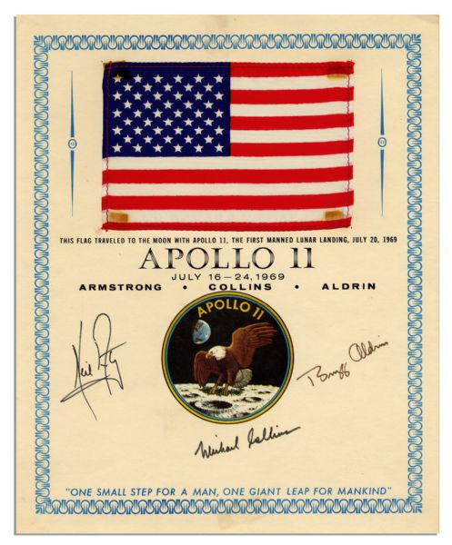 Exceptionally Scarce Apollo 11 Flag Flown to the Moon on an Original Background Signed by Armstrong, Aldrin & Collins
