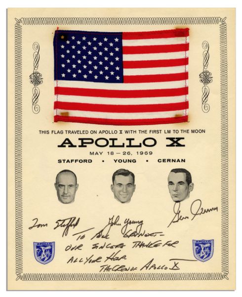 Apollo 10 American Flag Flown -- Affixed to an Official NASA Certificate Signed By Its Astronauts