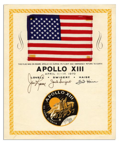 Apollo 13 American Flag Space-Flown -- Affixed to Official NASA Certificate Signed By Each Astronaut -- ''This flag was on board Apollo XIII during its flight and Emergency Return to Earth''