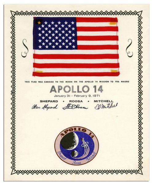 Rare Apollo 14 Flown American Flag on Crew Signed Certificate