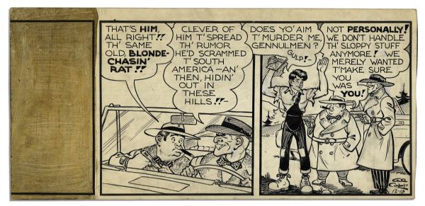 ''Li'l'' Abner 2-Panel Strip Hand Drawn & Signed by Al Capp -- Featuring Li'l Abner -- Dated 13 December Without a Year Indicated -- 14.5'' x 7'' -- Toning & Adhesive to Left End, Else Near Fine