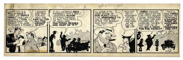 ''Li'l Abner'' Undated Comic Strip Hand Drawn & Signed by Capp -- Featuring Li'l Abner, Mammy, Pappy & a Slimy Man Who Claims to Own The Yokums' Car -- Classic -- 23'' x 7'' -- Toning & Buckling