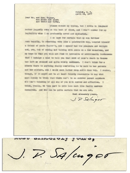 J.D. Salinger Typed Sympathy Letter Signed -- ''...word of Annie's death in Rennes has left me stunned and quite wildly saddened...''