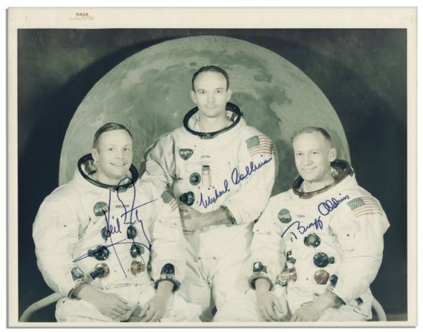 Uninscribed Apollo 11 Crew Signed 10'' x 8'' Photo -- Bold Felt Tip Signatures by Neil Armstrong, Michael Collins and Buzz Aldrin