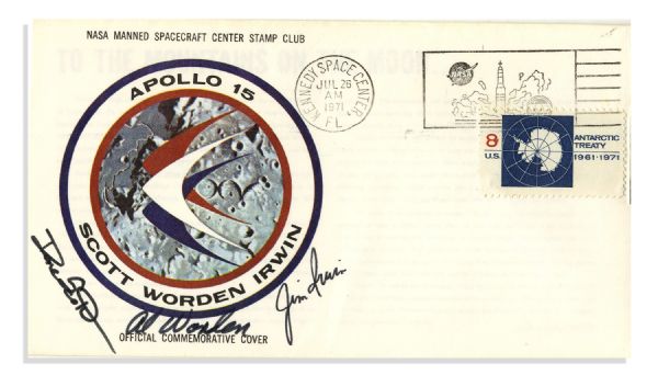 Apollo 15 Crew Signed Rare NASA Issue Astronaut Insurance Cover -- ''Al Worden'', ''Dave Scott'' & ''Jim Irwin'' -- Cancelled 26 July 1971 -- 6.5'' x 3.75'' -- Near Fine -- With COA From Worden