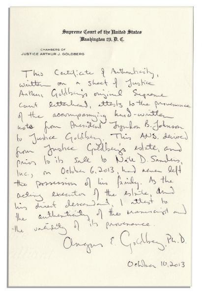 Very Scarce Lyndon B. Johnson Autograph Letter Signed, Probably as President to Arthur Goldberg -- …You were thoughtful - gracious & generous … -- Fine