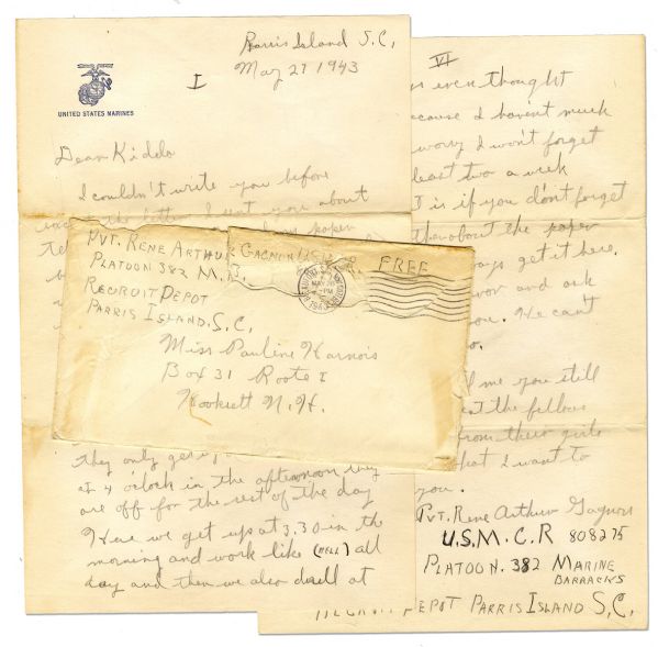 Rene Gagnon WWII-Dated Autograph Letter Twice-Signed -- ''...Here we get up at 3:30 in the morning and work like (HELL) all day...''