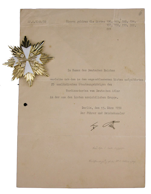 Adolf Hitler Autograph Adolf Hitler Signed 1938 Document, Awarding the German Eagle to Non-Germans -- Lot Also Includes Copy of Order Awarding the Eagle to Prescott Bush, Father and Grandfather of U.S. Presidents