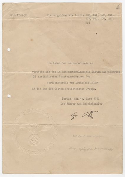 Adolf Hitler Signed 1938 Document, Awarding the German Eagle to Non-Germans -- Lot Also Includes Copy of Order Awarding the Eagle to Prescott Bush, Father and Grandfather of U.S. Presidents