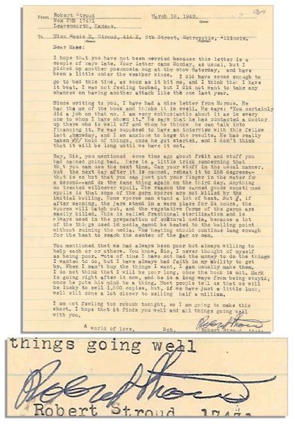 Robert Stroud Typed Letter Signed From Prison -- ''...You know, Sis, I never thought of myself as being poor...I do not think that I will be poor long, once the book is out...''