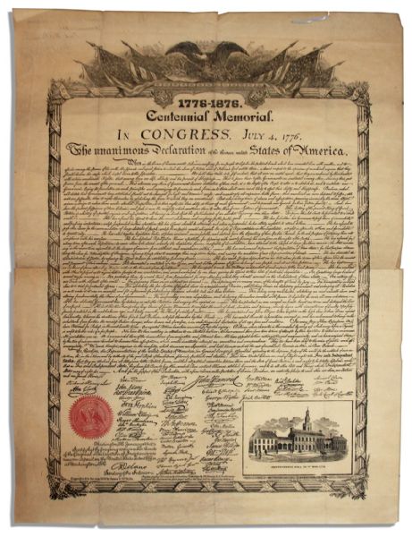 1876 Printing of the Declaration of Independence -- Centennial Memorial Print	